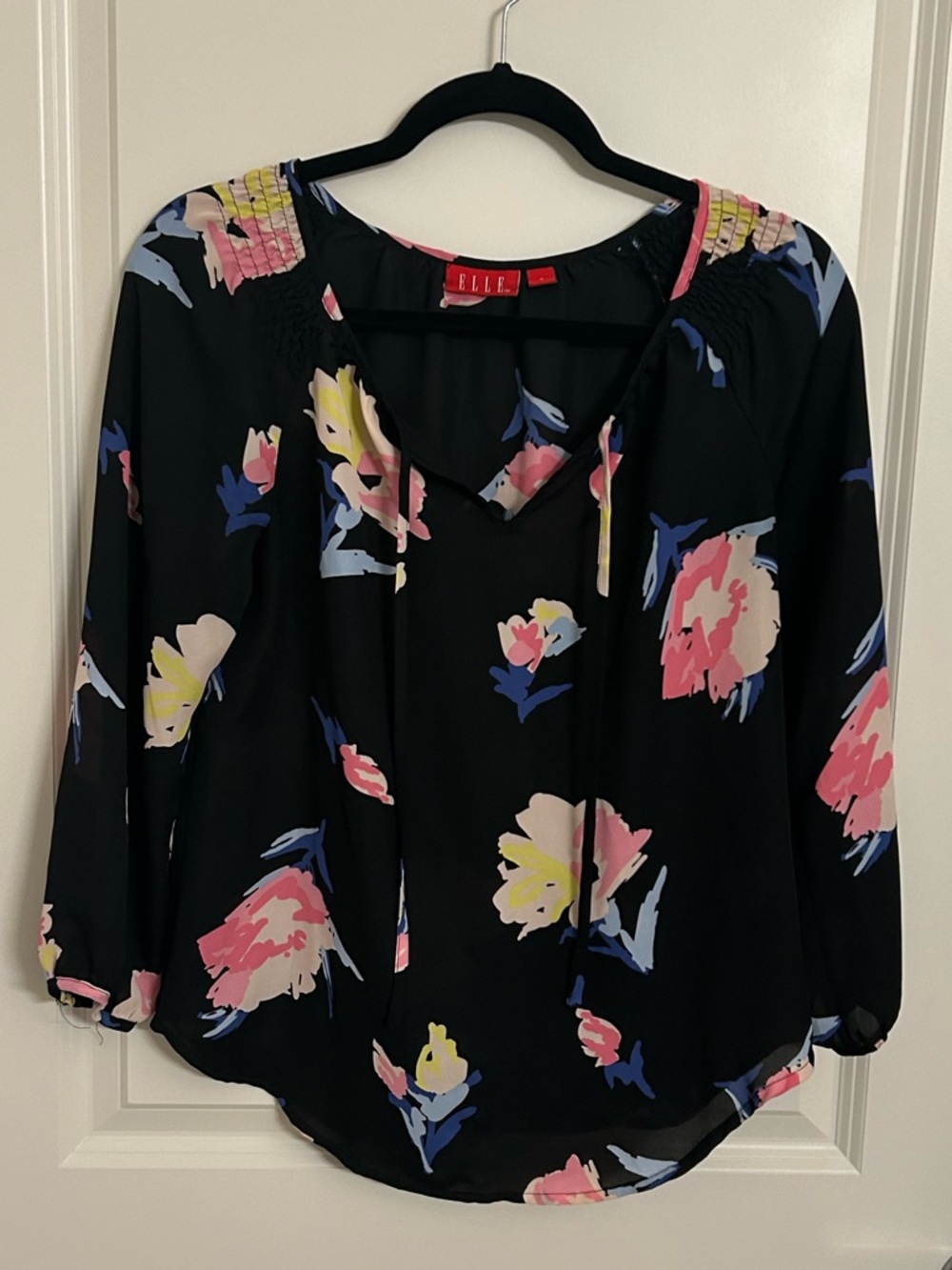 Elle Black Floral Tie-Neck Blouse